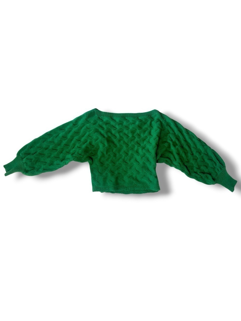 Green Basketweave Knit Bubble Sleeve Sweater Small - Picture 2 of 6